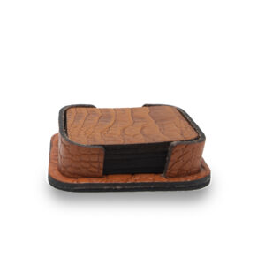 Onderzetterhouder + 6 Onderzetters Leer Croco Cognac Vierkant