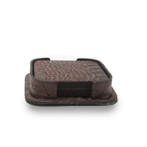 Onderzetterhouder + 6 Onderzetters Leer Croco Bruin Vierkant